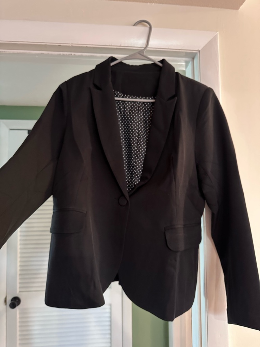 Black Single-Button Blazer with Polka Dot Lining